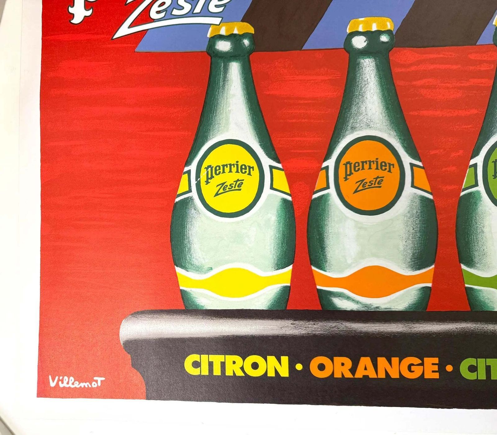 Original Perrier Zeste Vintage 1987 Poster Bernard Villemot Linen Backed Lithograph photo furniture
