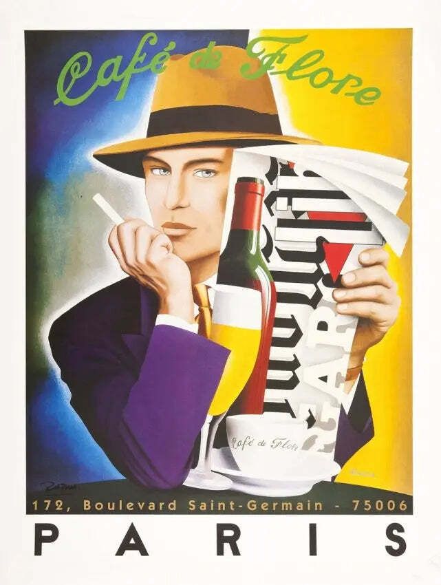 Sérigraphie originale Razzia Cafe De Flore, grand format, signée à la main
