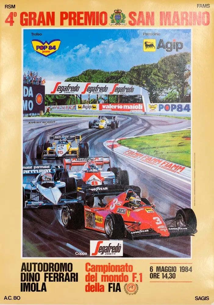 Affiche vintage du Grand Prix de Saint-Marin 1984, Michael Turner, montée sur toile de lin