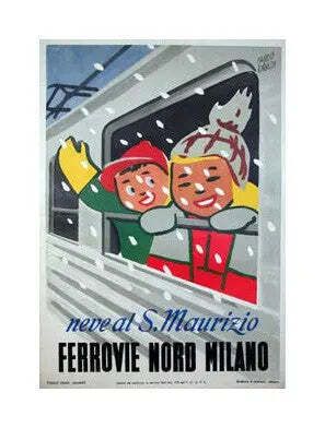 Affiche vintage Carlo Dradi 1948 S Maurizio Skiing Ferrovie Nord Milano