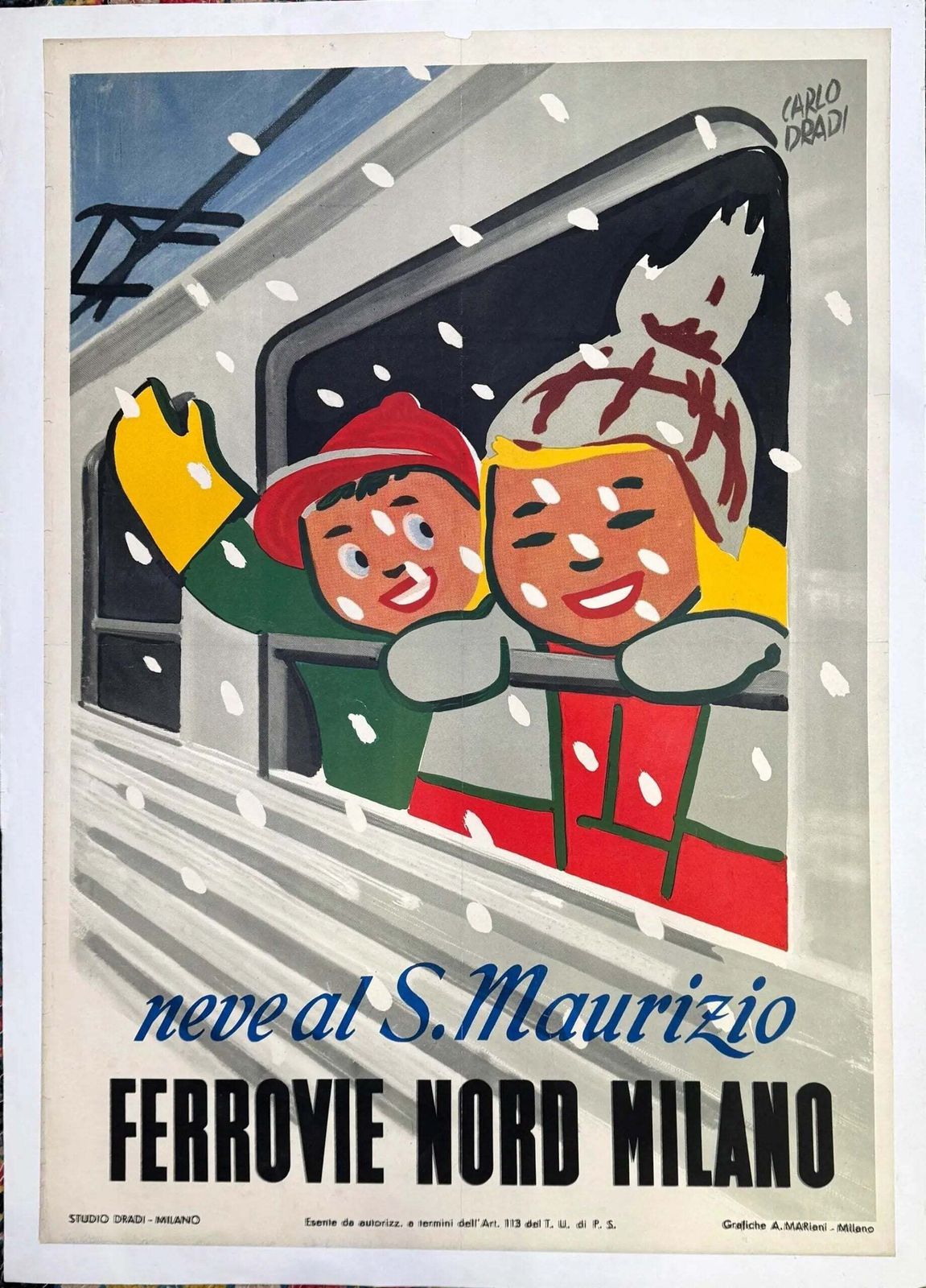 Affiche vintage Carlo Dradi 1948 S Maurizio Skiing Ferrovie Nord Milano photo vintage