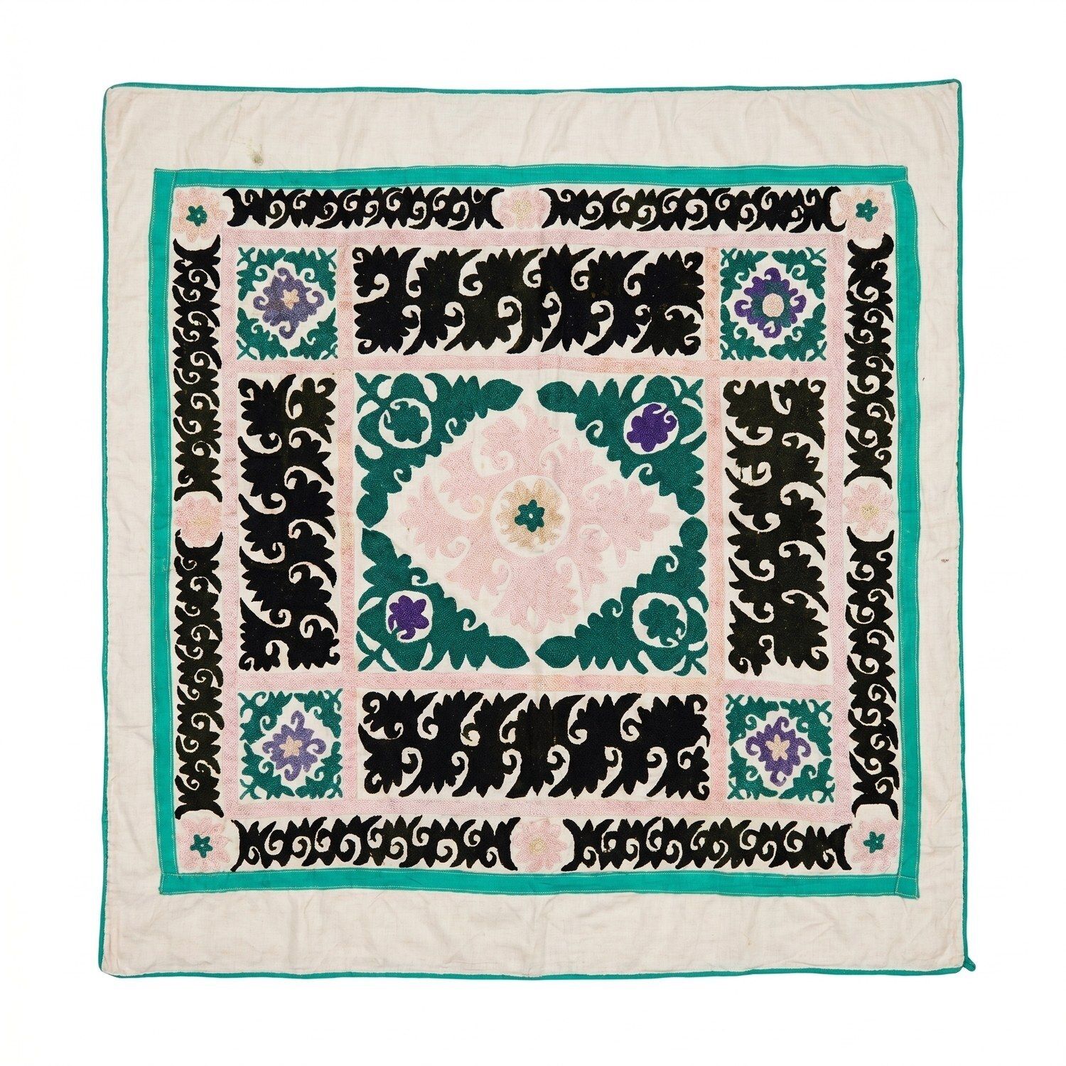 Suzani d'Asie centrale, décoration murale, coloris beige neutre - 124 x 124 cm