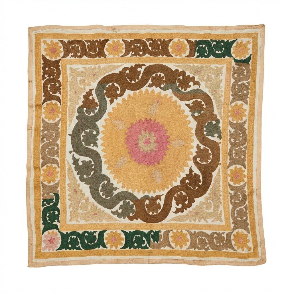 Suzani Tribal Textile   Terracotta Uzbek Tablecloth 128 X 131 Cm