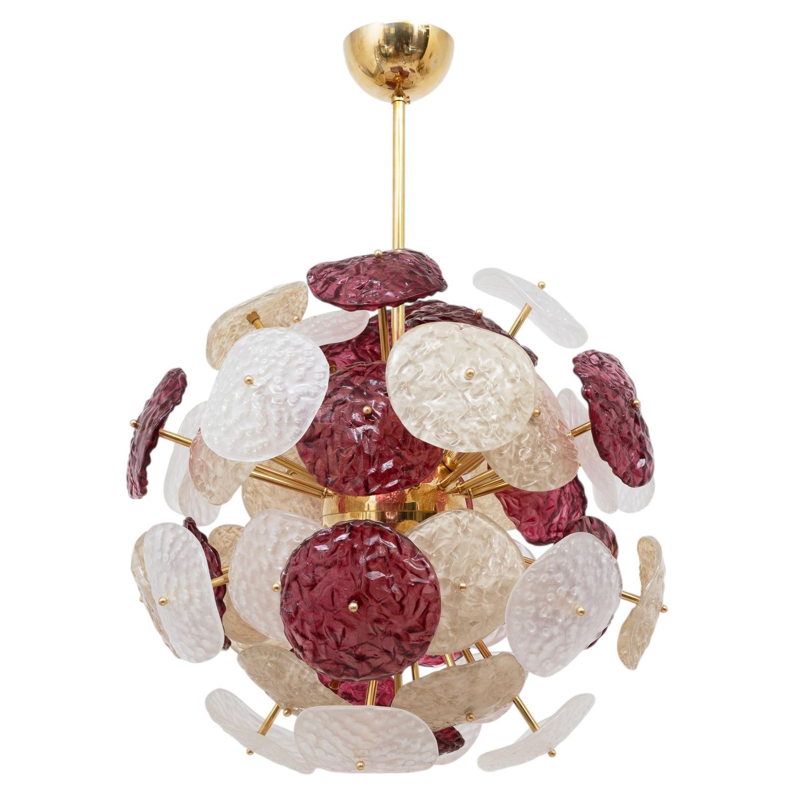 Murano Glas Sputnik Kroonluchter Kersenrood, Wit en Champagne, Messing Constructie