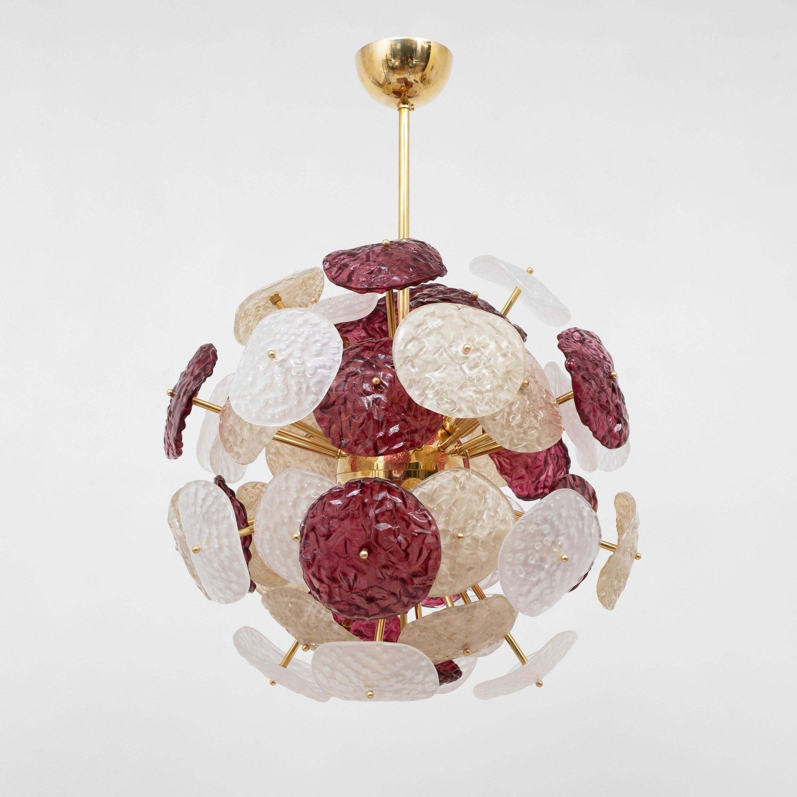 Murano Glass Sputnik Chandelier Cherry Red, White And Champagne, Brass Structure photo furniture