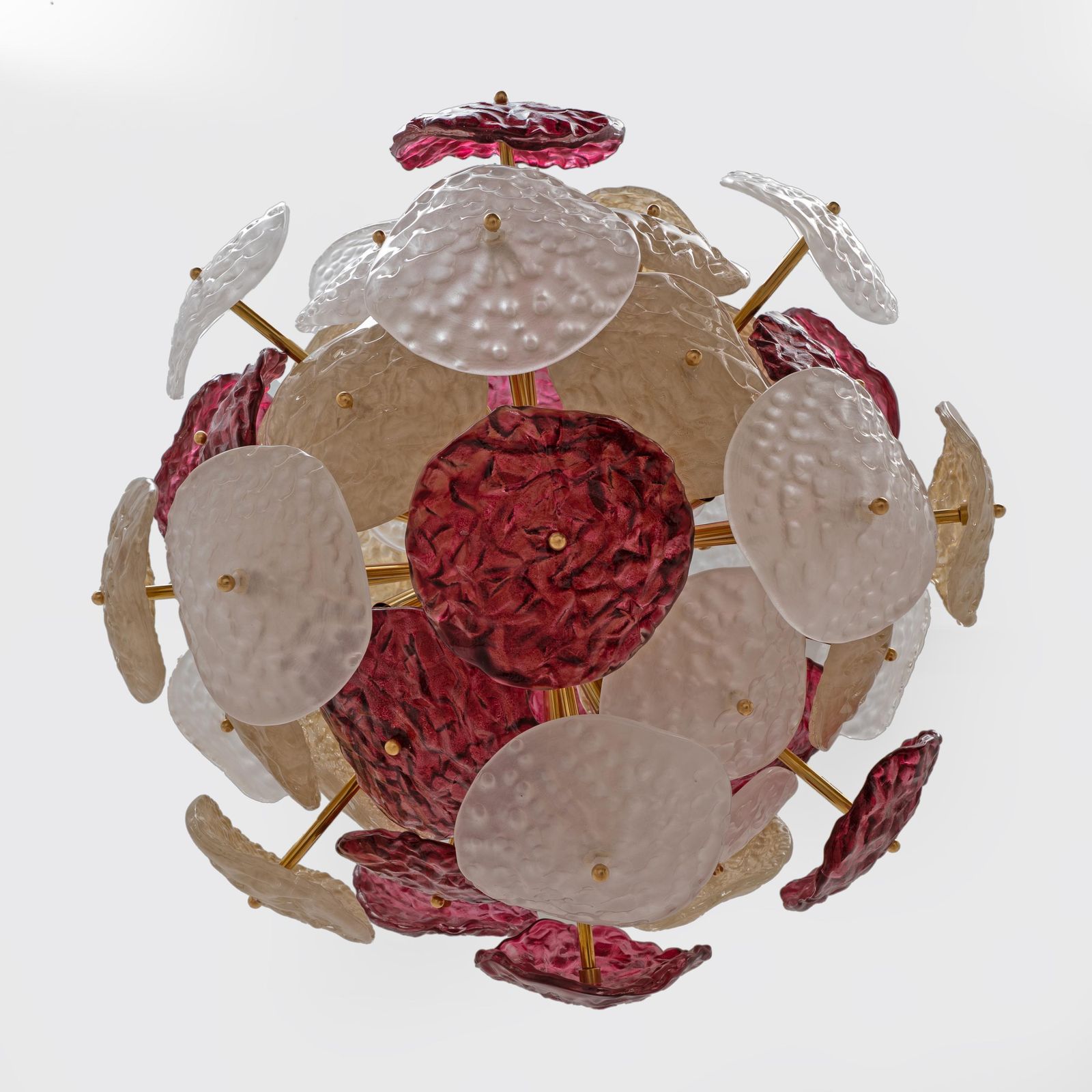 Murano Glass Sputnik Chandelier Cherry Red, White And Champagne, Brass Structure photo vinterior
