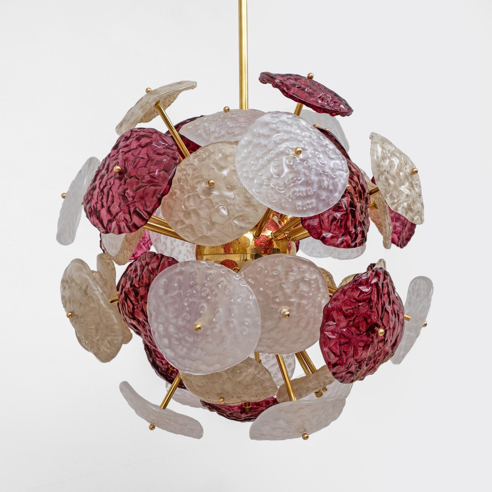 Murano Glass Sputnik Chandelier Cherry Red, White And Champagne, Brass Structure photo buy