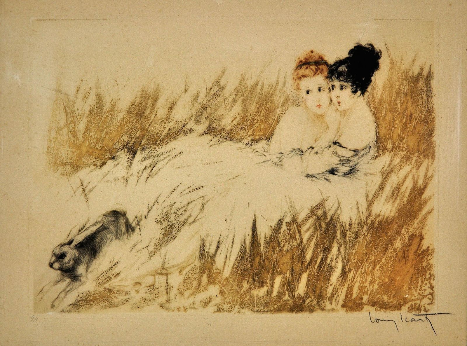 Louis Icart 1888 - 1950. Frans. Scared. Ingelijste handgekleurde ets, ca. 1920. The Belle Epoque Scandalous Flirtation. Art Deco. photo furniture
