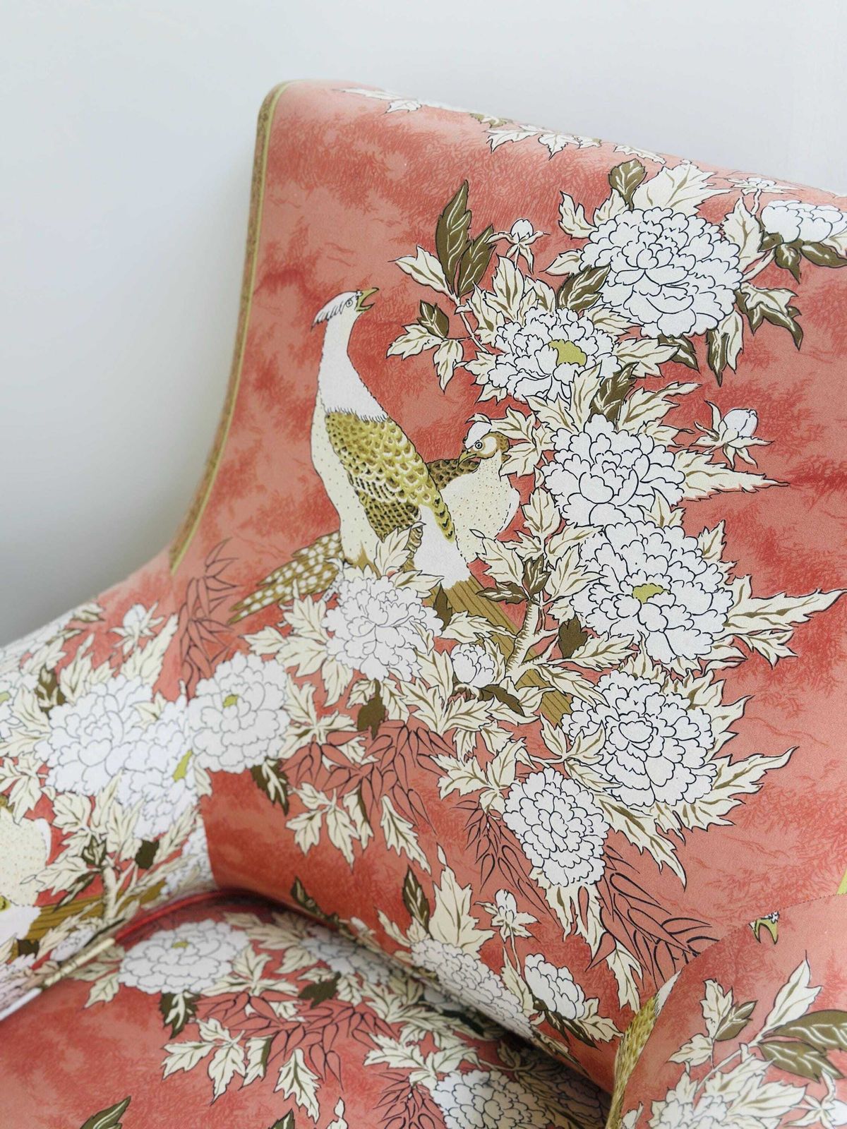 Exquisite Pair Of Upholstered Slipper Lounge Chairs Depicting Pheasants And Peonies , 1970s photo vintage
