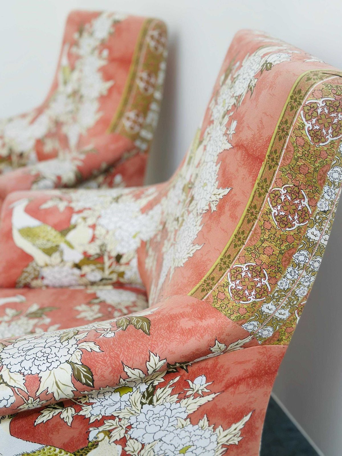 photo for sale Exquisite Pair Of Upholstered Slipper Lounge Chairs Depicting Pheasants And Peonies , 1970s