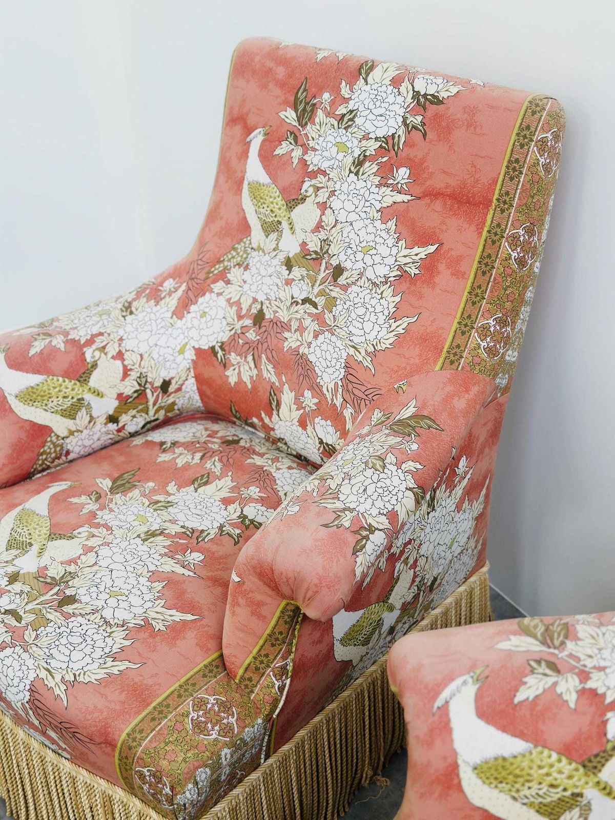 1352.0 Exquisite Pair Of Upholstered Slipper Lounge Chairs Depicting Pheasants And Peonies , 1970s photo