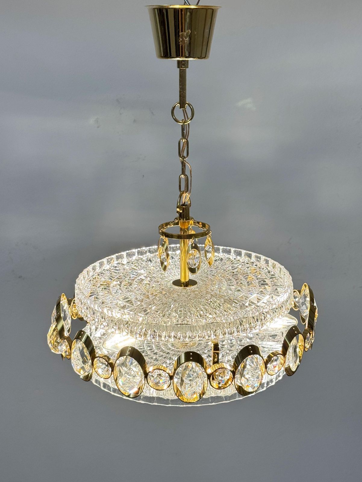 Goldplated Brass And Glass Chandelier By Orrefors From The 1960s photo for sale