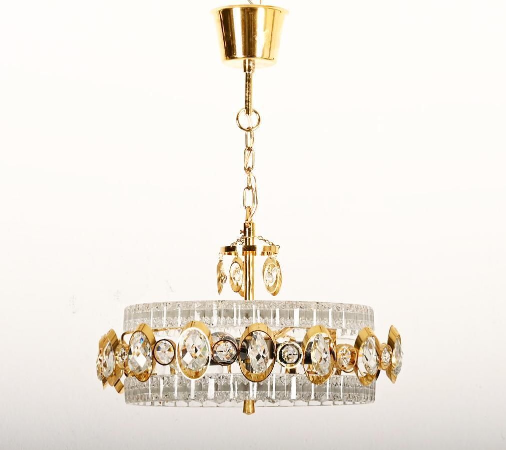 1050.0 Goldplated Brass And Glass Chandelier By Orrefors From The 1960s photo