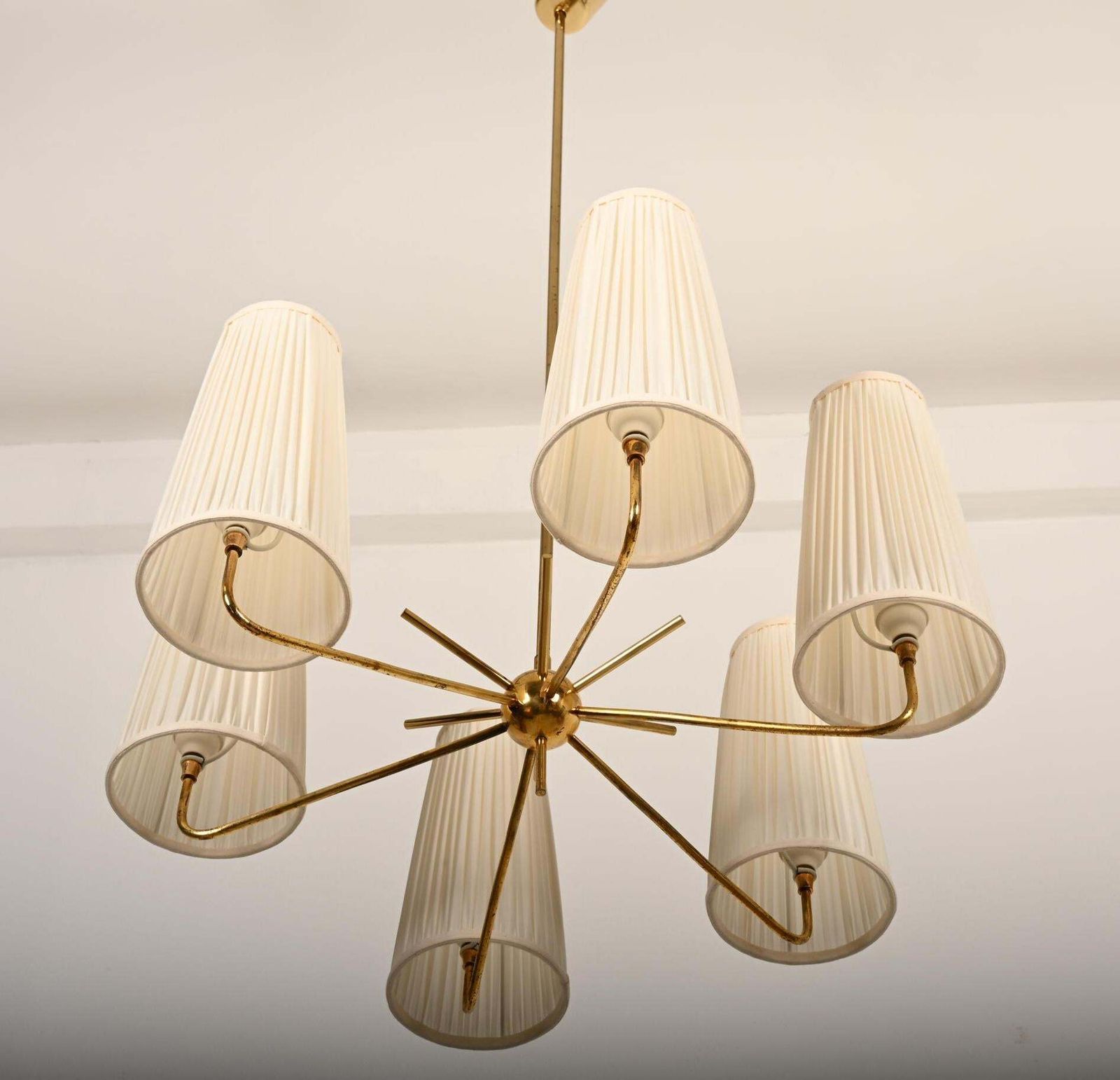 Midcentury Brass Chandelier By Rupert Nikoll With Silk Shades photo buy
