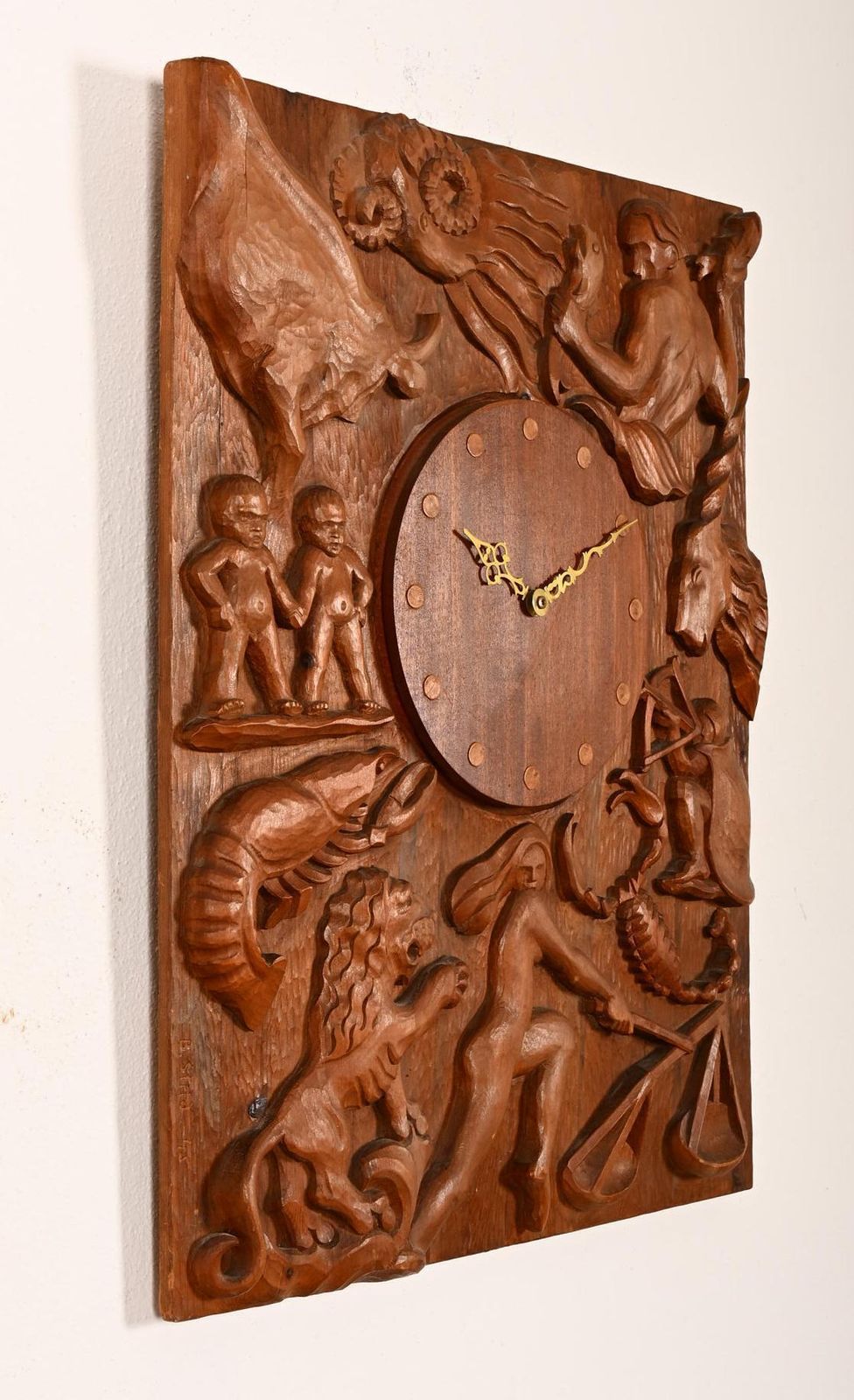 Hand Carved Wall Clock Signed B. Strid, Västervik, 1945 photo buy