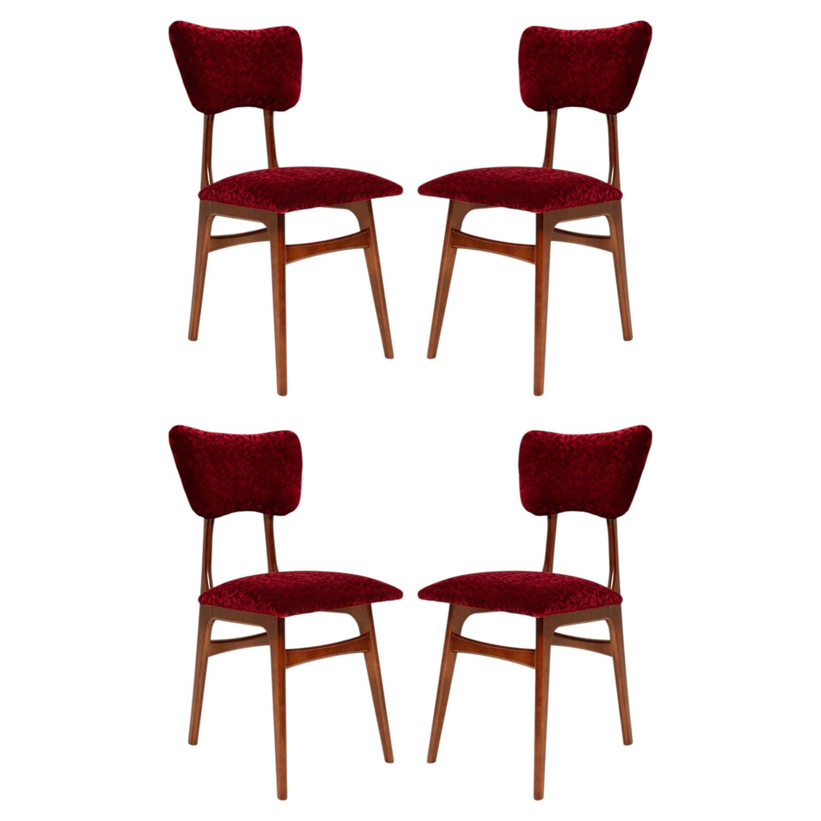 Vier mid-century Butterfly-stoelen, rood fluweel Bacara, Dedar, walnoothout, 1960