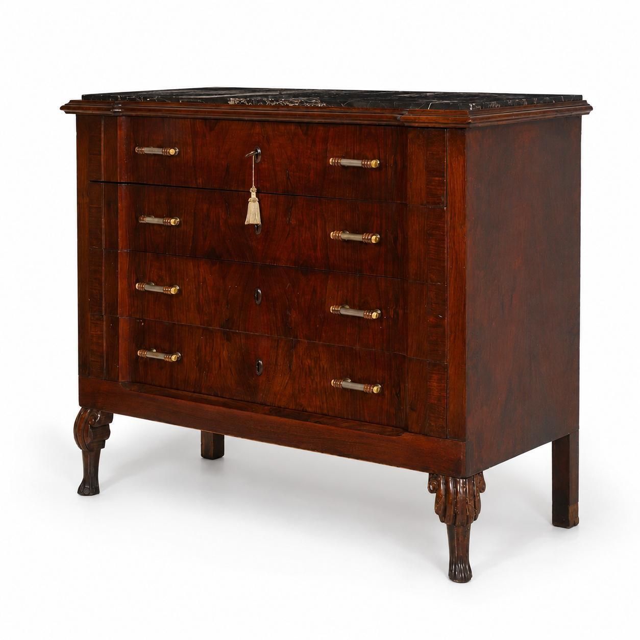 19e-eeuwse Italiaanse Venetiaanse Charles X mahonie commode met Portoro marmeren blad photo vintage