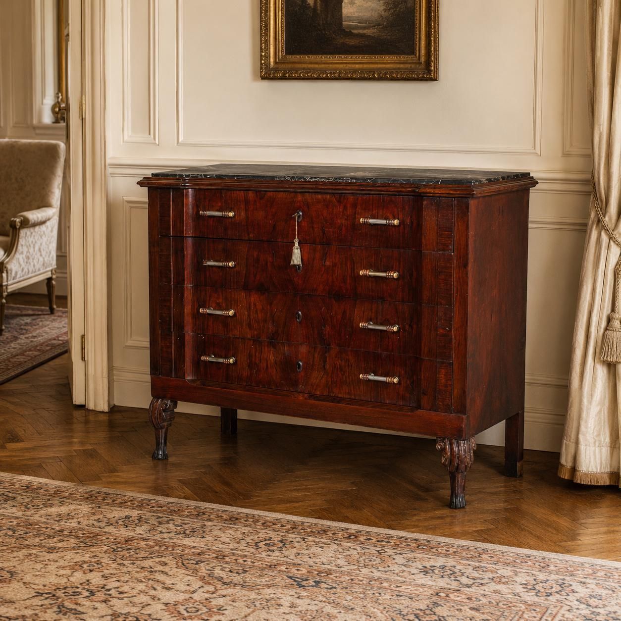 photo for sale 19e-eeuwse Italiaanse Venetiaanse Charles X mahonie commode met Portoro marmeren blad