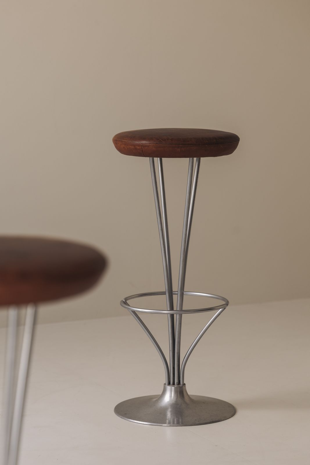 Set Of Two Bar Stools Patinated Leather By Piet Hein For Fritz Hansen, Dk 1960s. photo Furniture