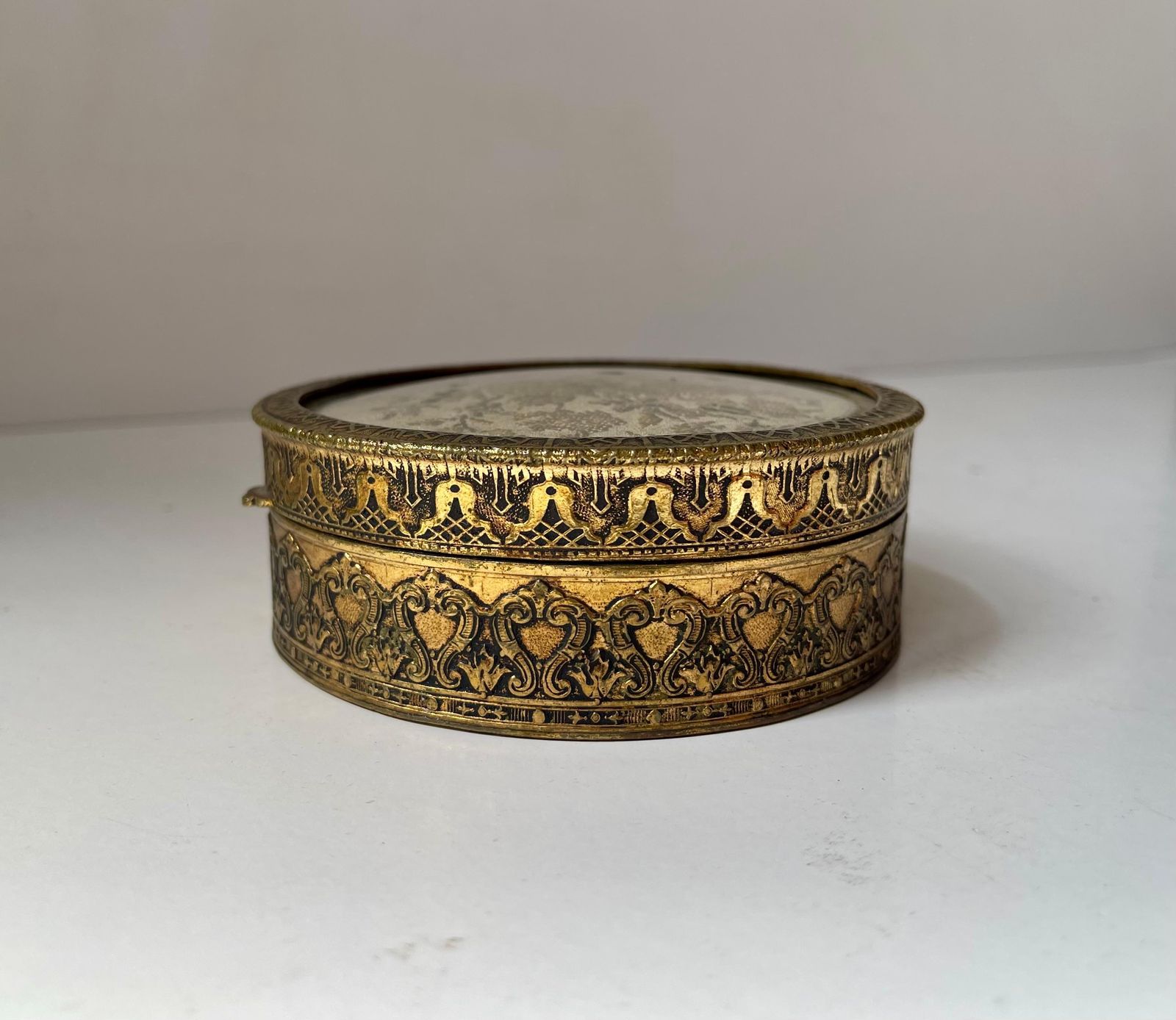 Antique Victorian Circular Jar Or Trinket In Gilt Bronze & Embroidery photo furniture