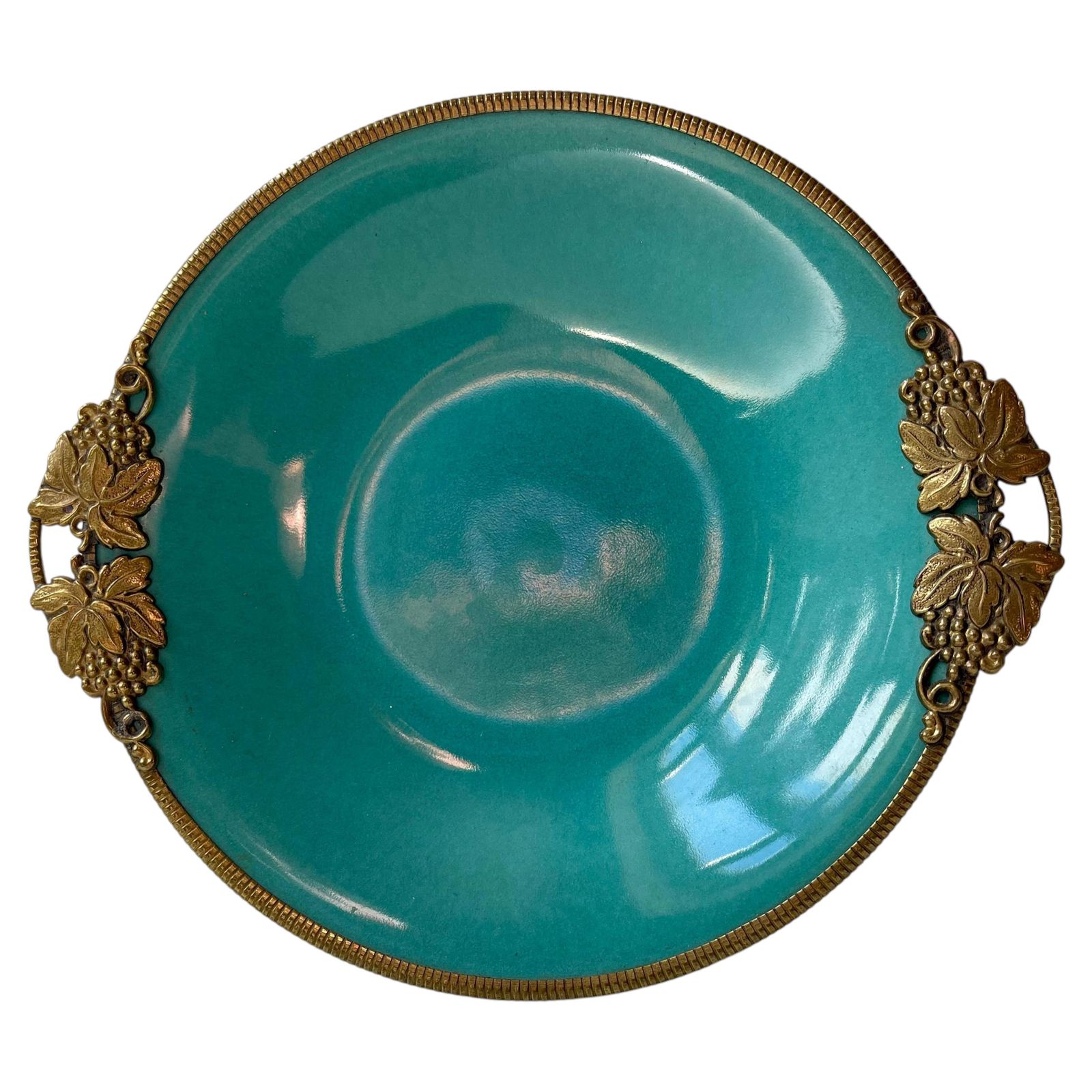 Christian Jensen Ceramic Art Deco Dish In Turquoise Green Glaze & Bronze 1930s