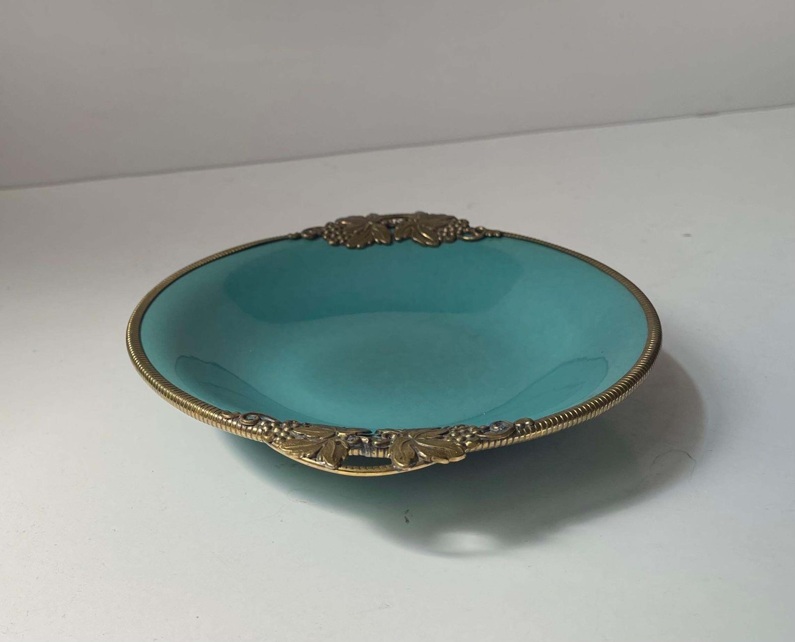 Christian Jensen Ceramic Art Deco Dish In Turquoise Green Glaze & Bronze 1930s photo vinterior