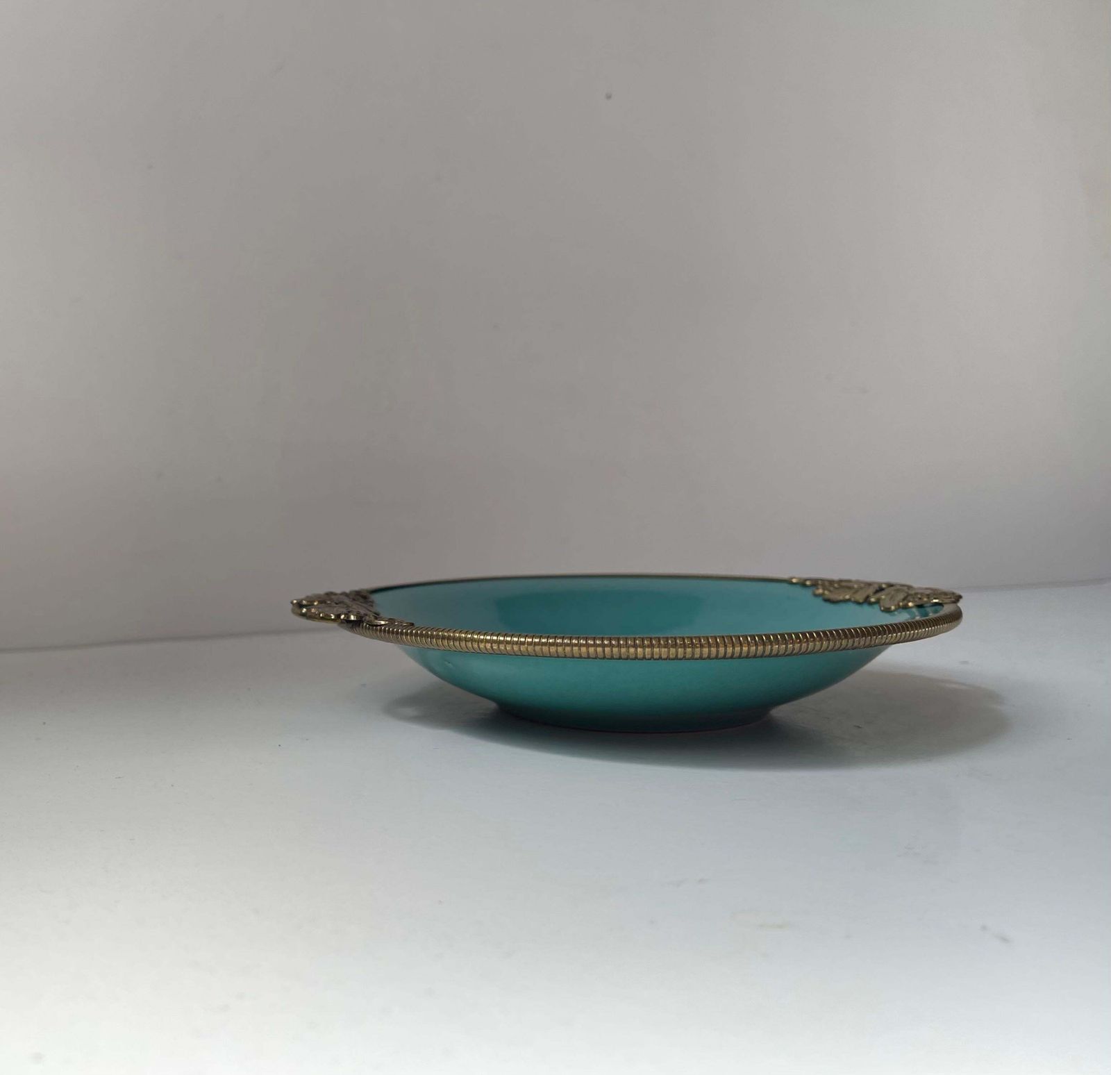 Christian Jensen Ceramic Art Deco Dish In Turquoise Green Glaze & Bronze 1930s photo vintage