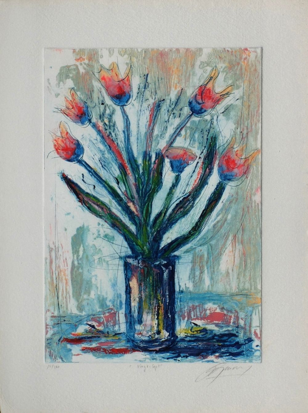 Jean Marie Guiny Gesigneerde Carborundum Ets Fleurs : Tulipe Rouge 1990