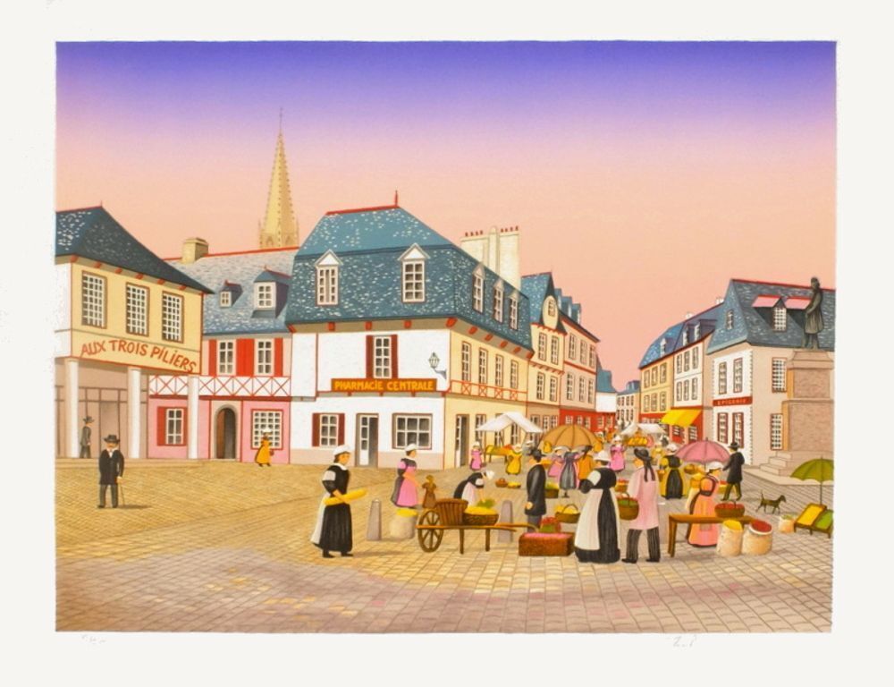 François Fanch Ledan Signed Lithograph Bretagne   Pontivy   Place Du Martray 1988