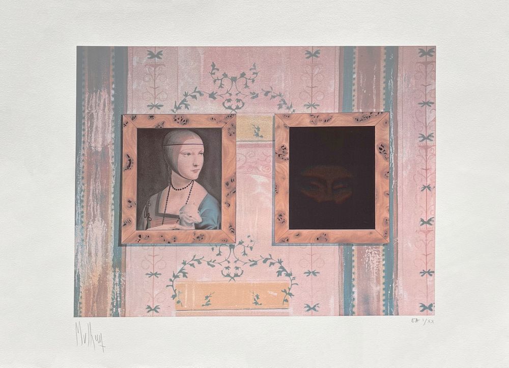 Dominique Mulhem Gesigneerde Zeefdruk La Dame à L'hermine Et Un Masque En Holographie 1990