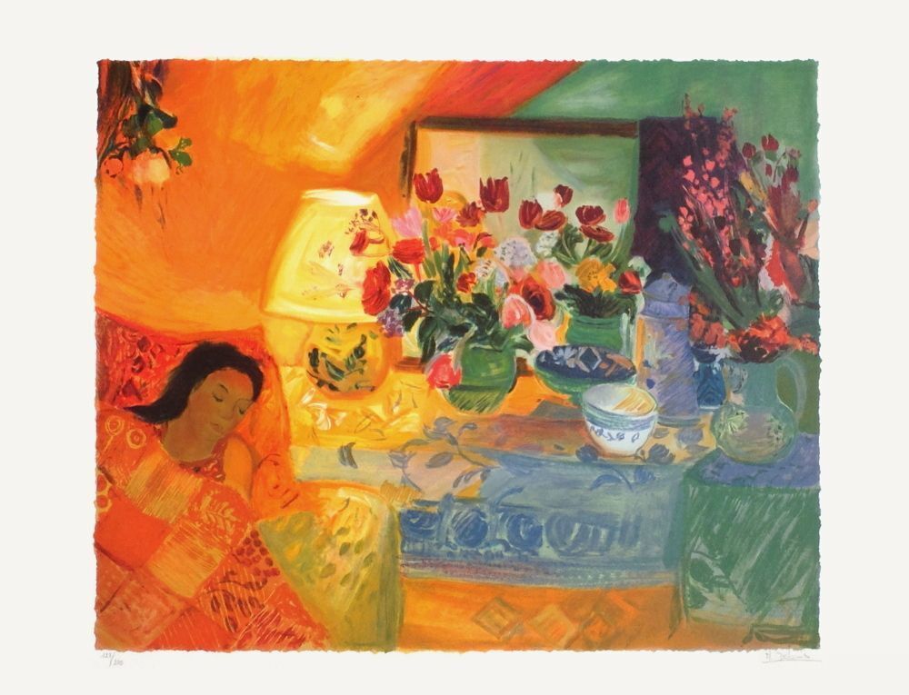 Nancy Delouis Gesigneerde Lithografie Bouquet Devant La Lampe