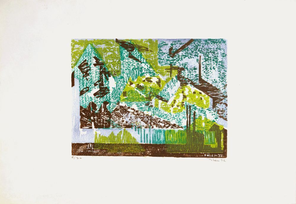 Monique Pehem (Breton Prouté), gesigneerde linosnede Sous Bois En Août, 1972