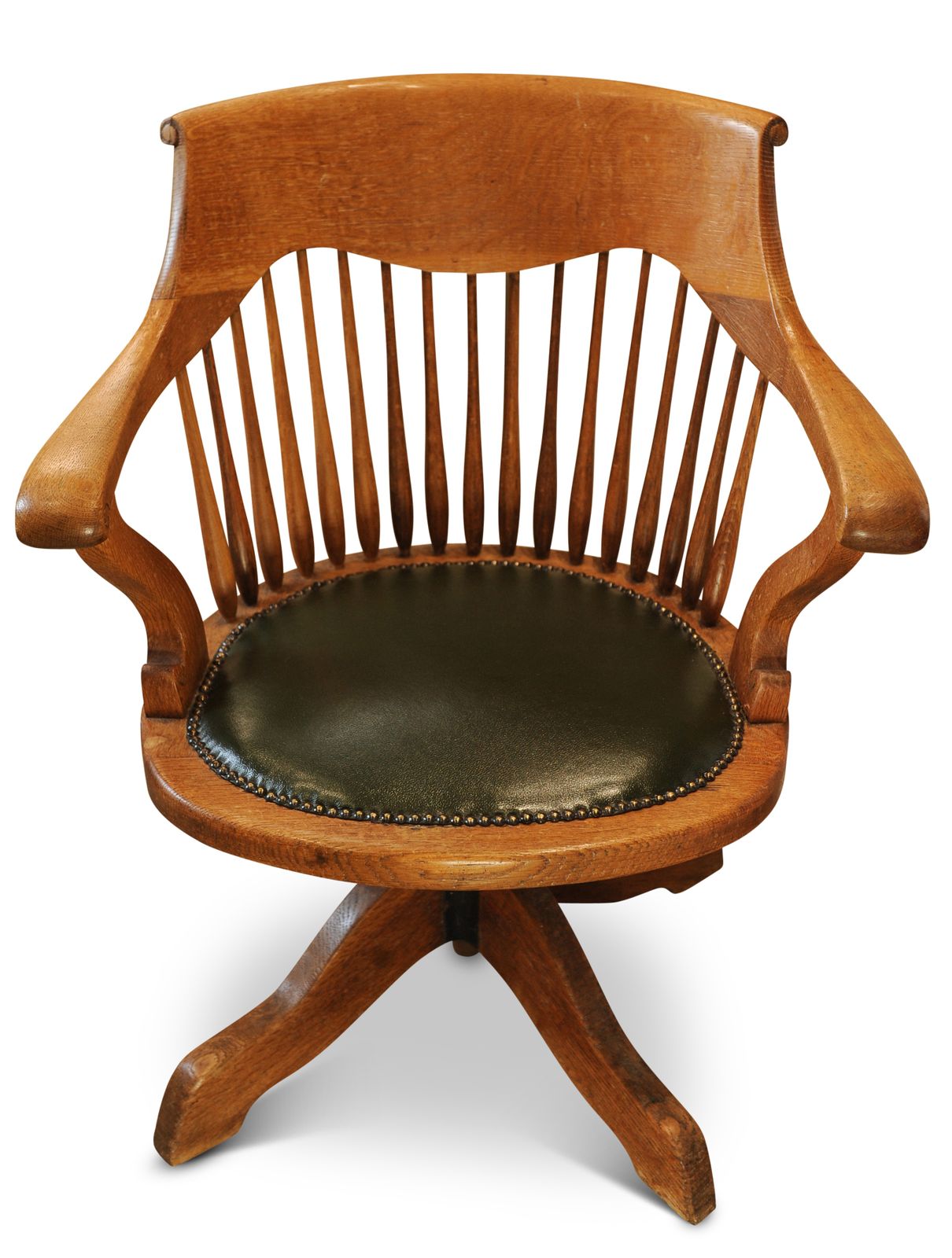 Victorian Oak Revolving Spindleback Desk Chair With Racing Green Leather Seat photo Furniture
