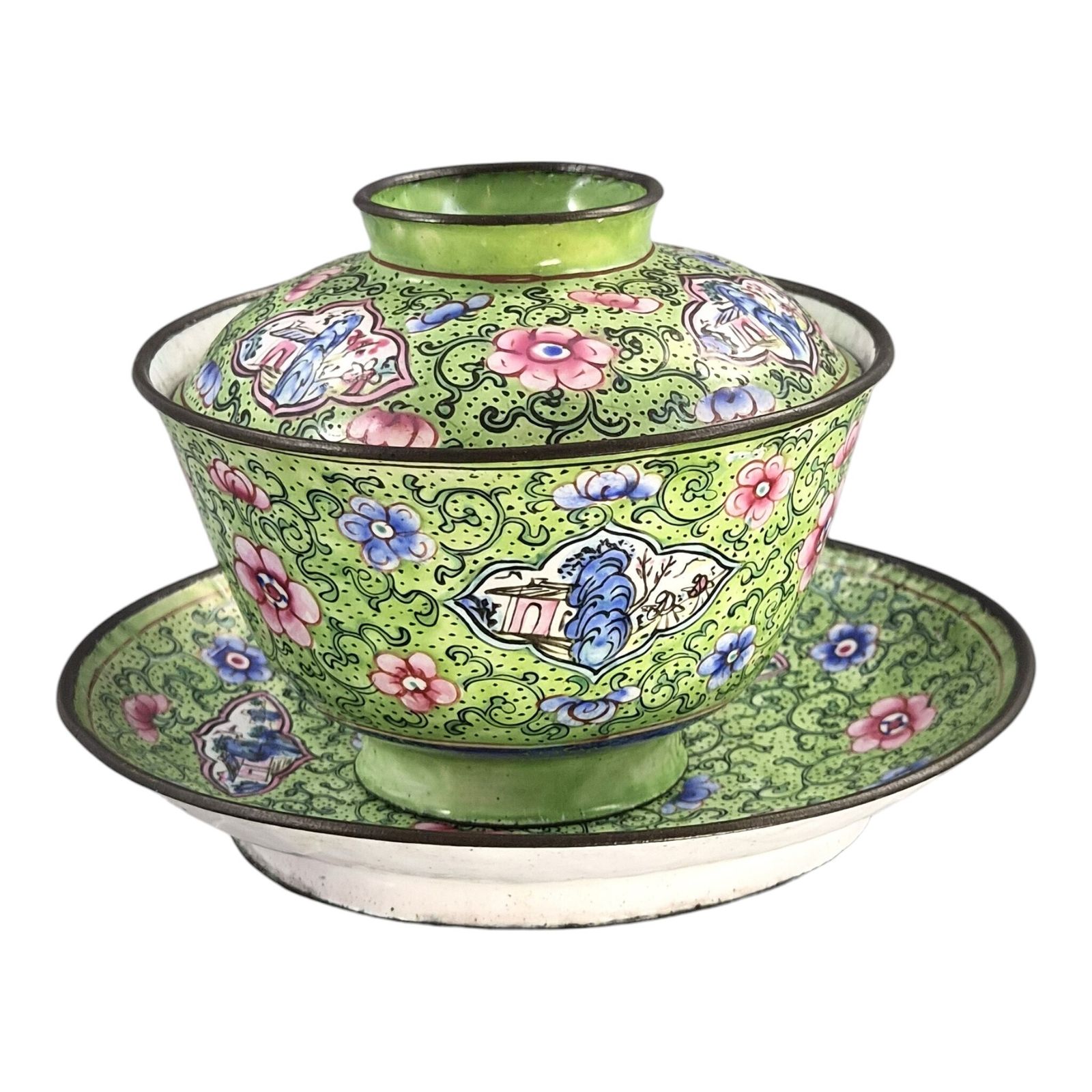 Chinese Qing Dynasty Canton Enamel Gaiwan Set, C. 1850–1860 photo vintage