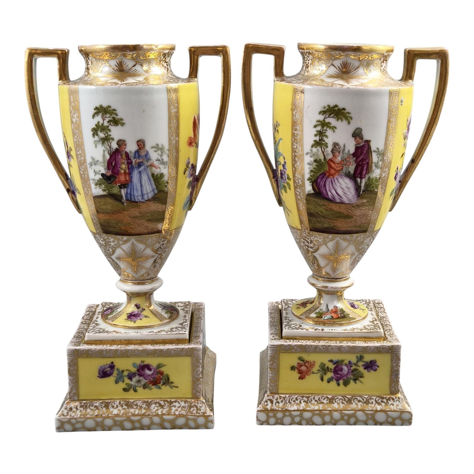 Helena Wolfsohn Royal Yellow Dresden Urns On Pedestals, C.1879 1883 photo for sale