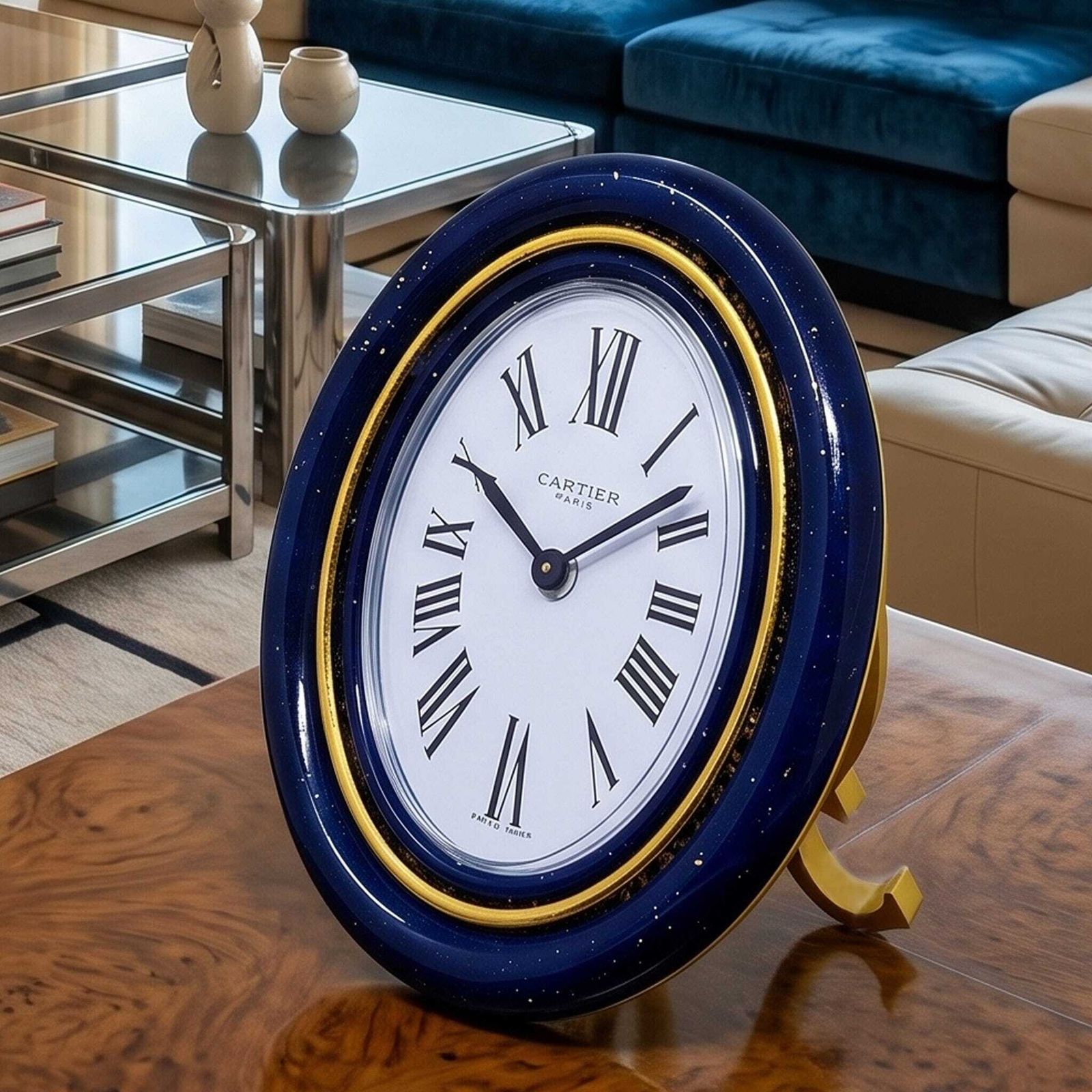 Pendulette réveil Cartier Lapis Lazuli, années 1980, fabriquée en Suisse photo for sale