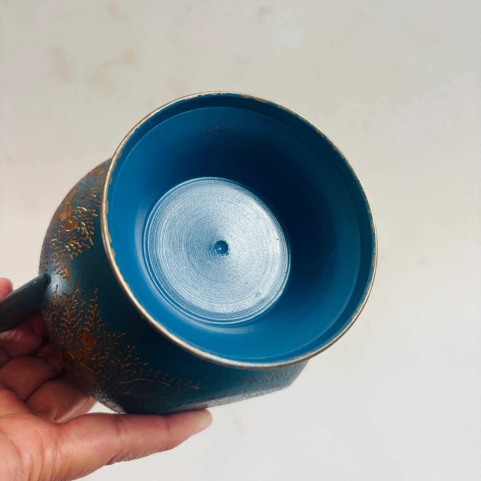 Vintage Indische geëmailleerde messing Aftaba-ewer uit de jaren 1960, teal en goud photo buy