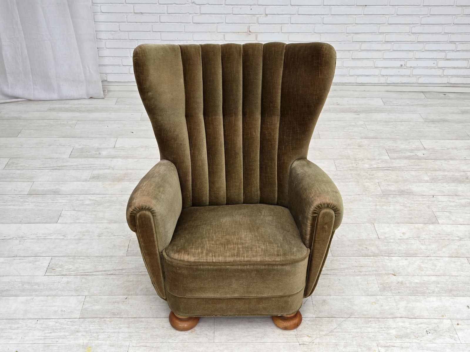 1960s, Danish Highback Relax Armchair, Green Furniture Velour. photo vintage
