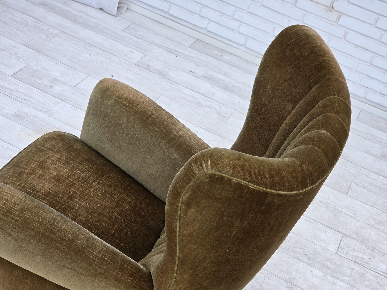 photo for sale 1960s, Danish Highback Relax Armchair, Green Furniture Velour.