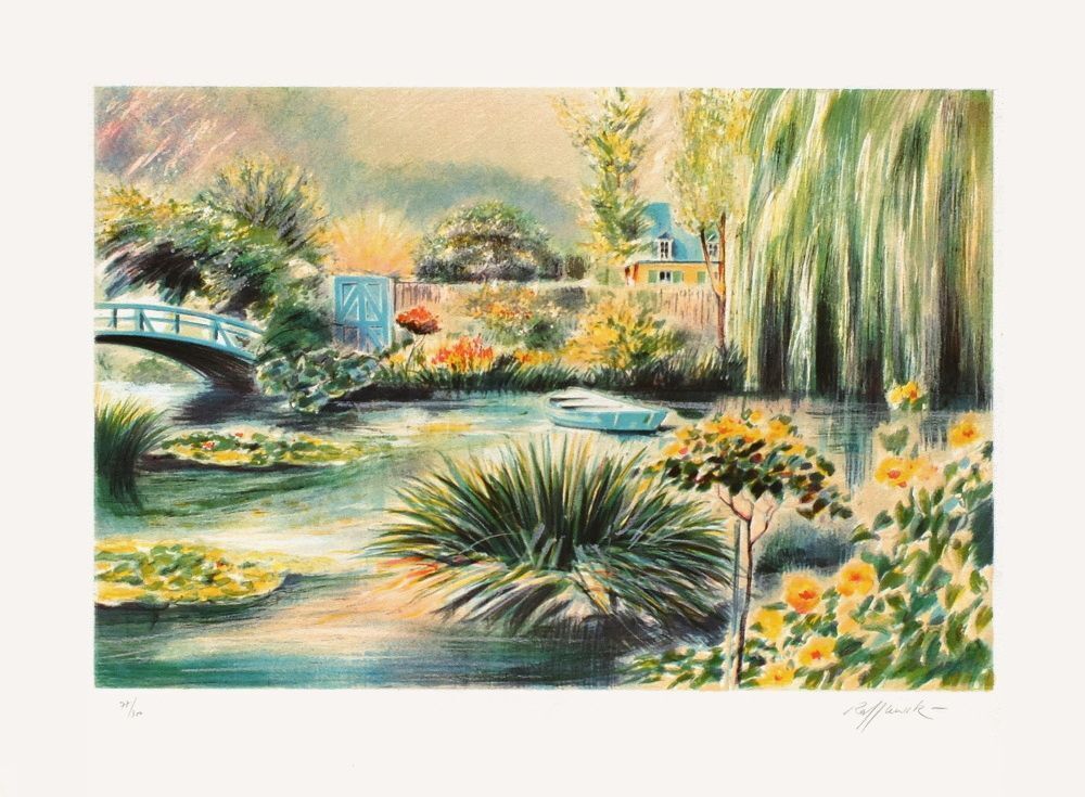 Lithographie signée Rolf Rafflewski, Giverny Une Barque Sur L'eau, 1988