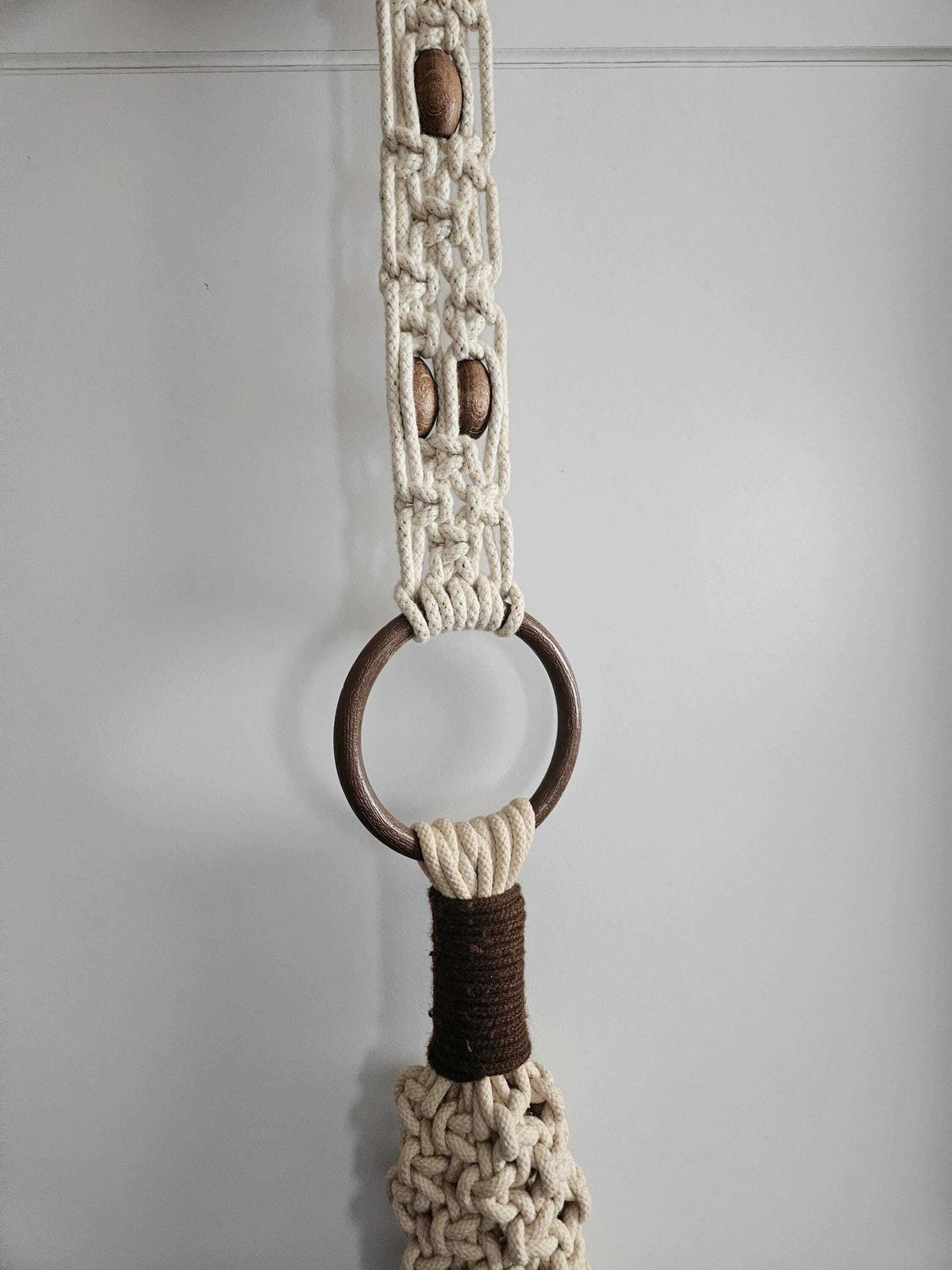 92.0 Vintage Macrame Plant Hanger: 180cm Boho Rope Holder With Wooden Beads, Mid Century Style photo