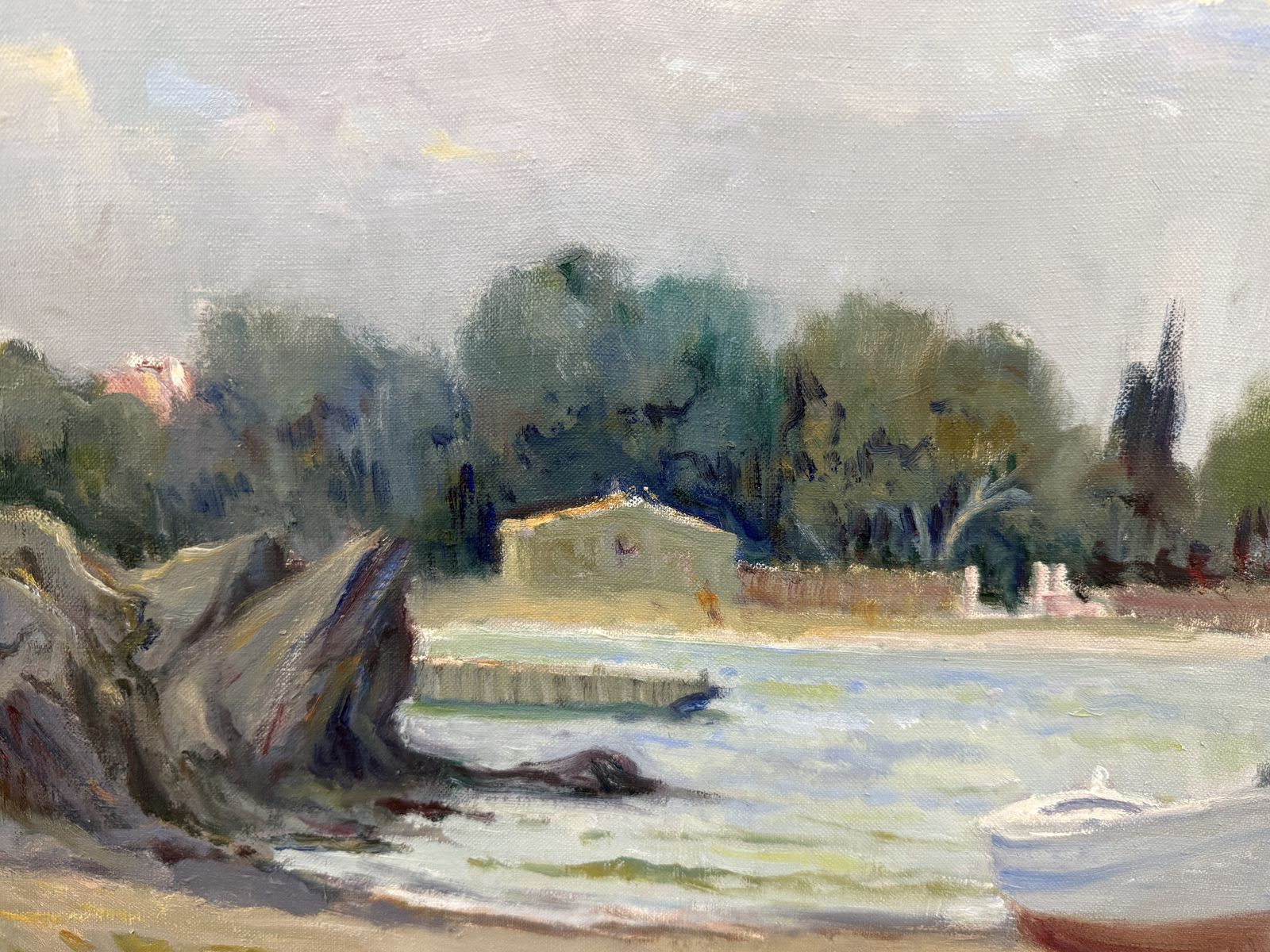 Antonio Sala Herrero, Crique méditerranéenne tranquille avec barque, Cadaqués, peinture à l'huile côtière, art espagnol, années 1980 photo buy