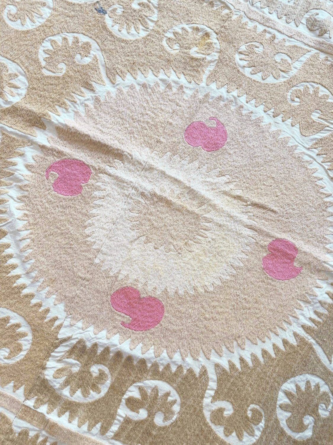 Suzani Tribal Textile — Neutral Tan Uzbek Tablecloth 138 X 140 Cm photo for sale
