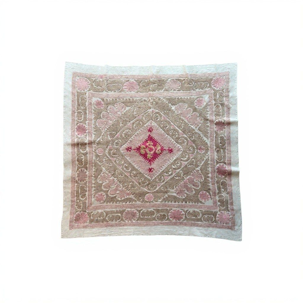 Suzani wandtapijt, neutraal beige Oezbeeks tafelkleed 140 x 147 cm