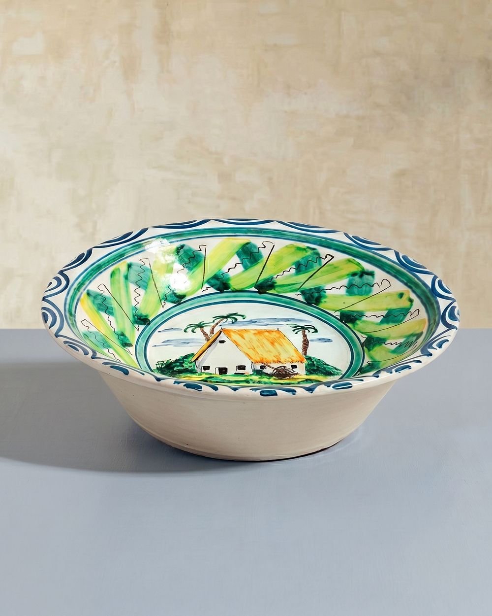 Large Vintage Hand Painted Italian Ceramic Bowl With A House And Palm Trees photo buy