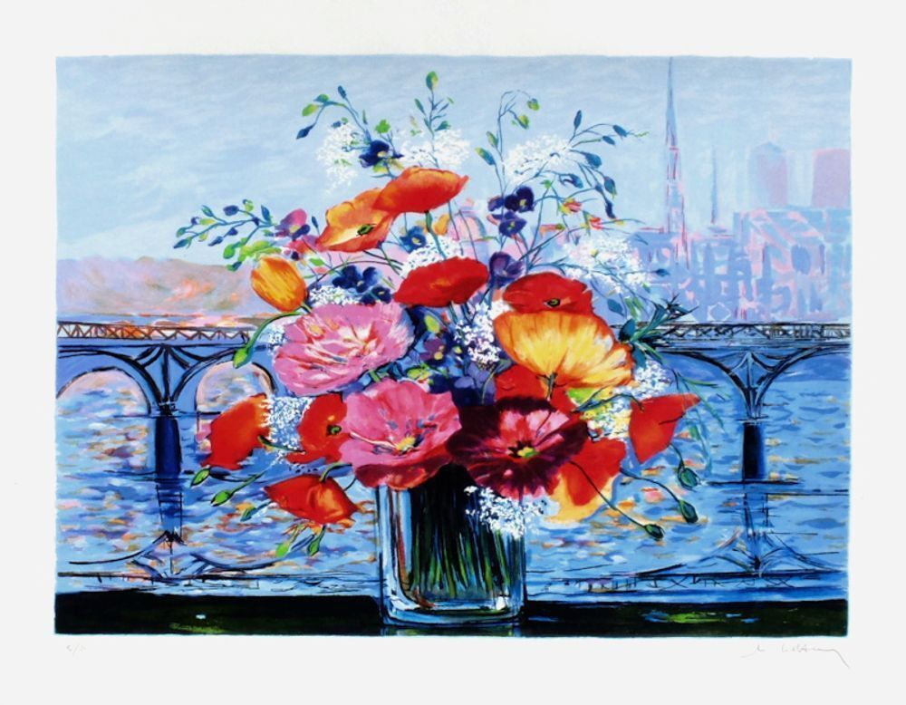 Michel Henry Gesigneerde Zeefdruk Bouquet Au Pont Des Arts 1999