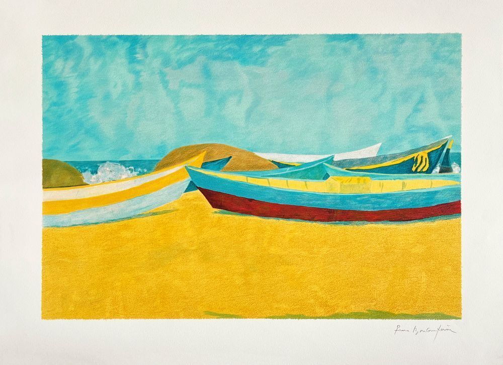 Pierre Boncompain Gesigneerde Lithografie Les Barques En Couleurs 1990