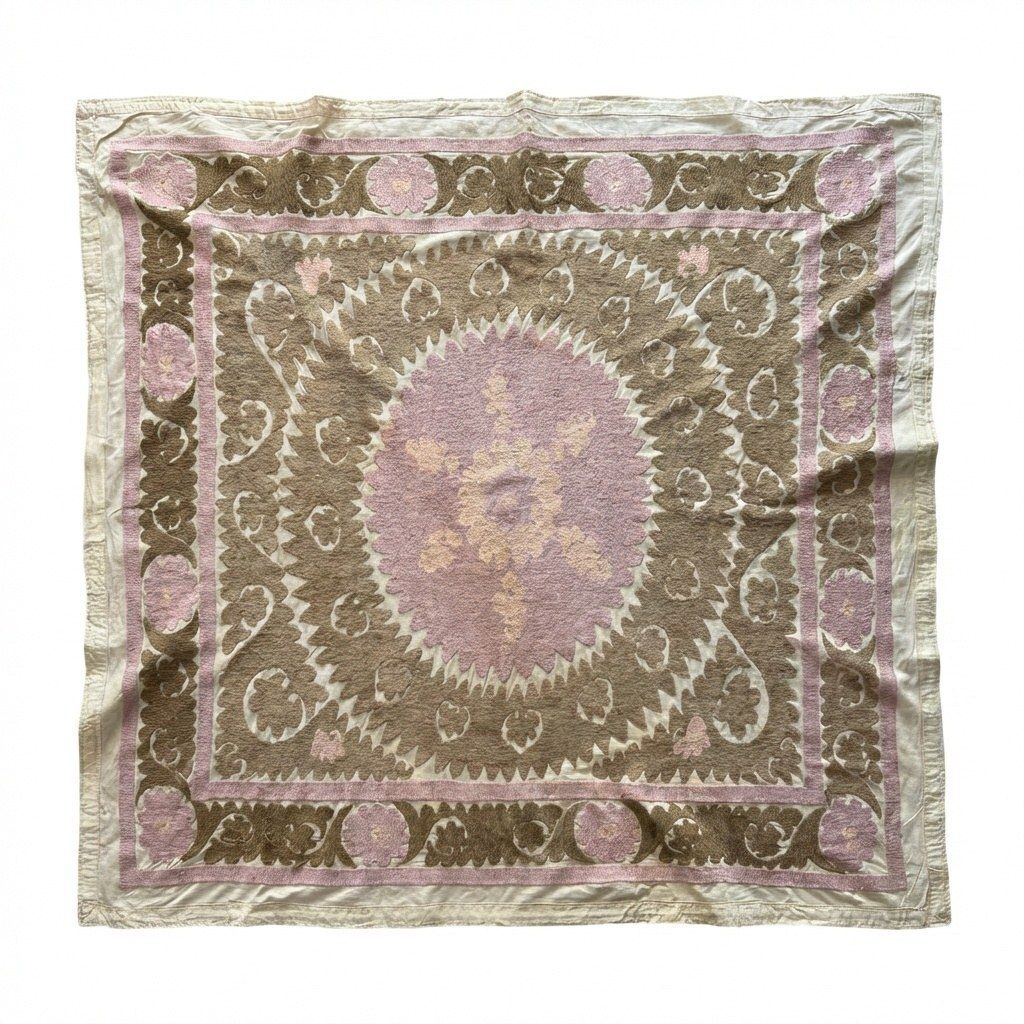 Met de hand geborduurd suzani wanddecoratie in neutrale beige tinten 145 x 159 cm