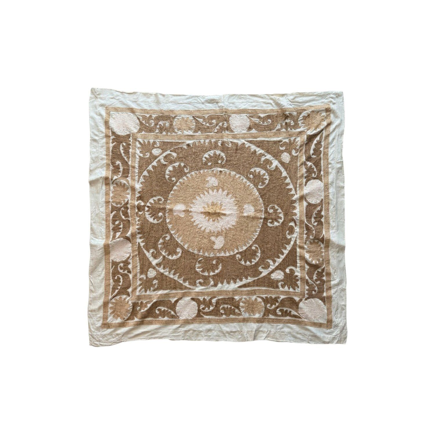 Suzani Wall Decor — Neutral Tan Uzbek Tablecloth 150 X 154 Cm