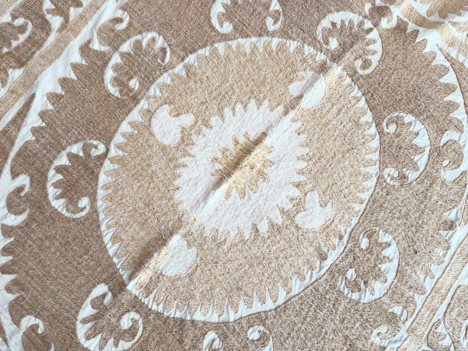 Suzani Wall Decor — Neutral Tan Uzbek Tablecloth 150 X 154 Cm photo vinterior